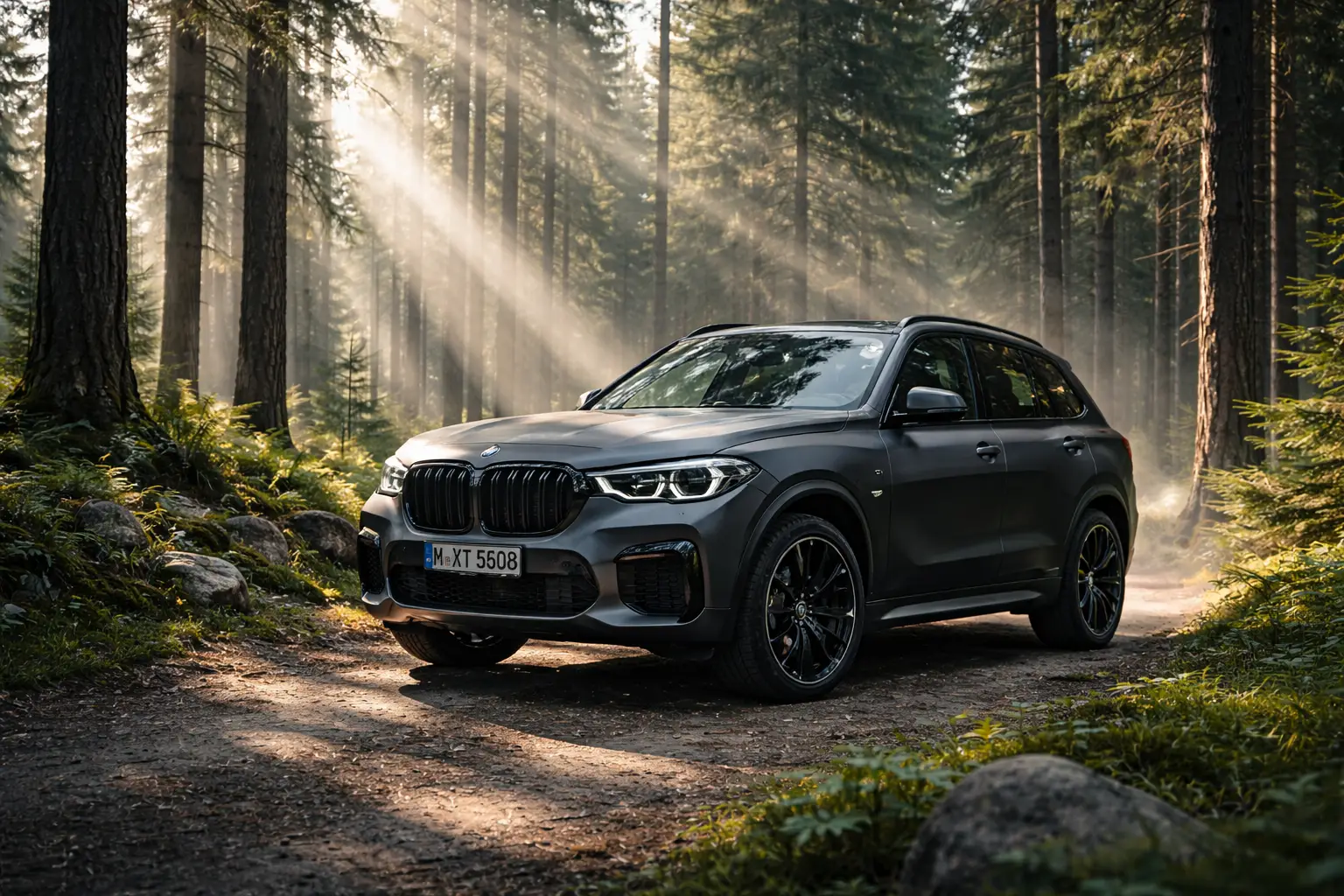 Mörk SUV på skogsväg i morgonljus